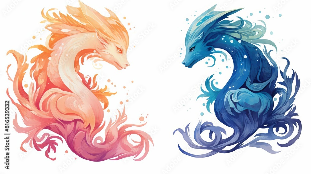 Mythical creatures flat design side view fantasy beings theme water color splitcomplementary color scheme Mythical creatures flat design side view fantasy beings theme water color splitcomplementary color scheme
