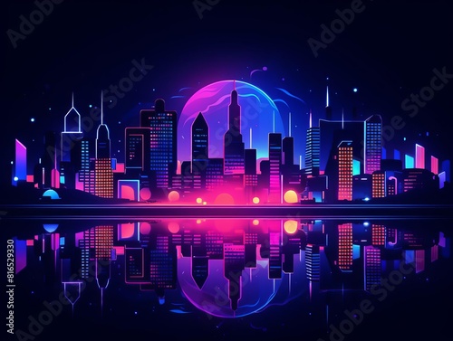 Neon city lights flat design front view vibrant nightlife theme animation splitcomplementary color scheme