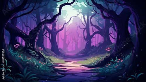 Mysterious ways flat design front view enchanted forest theme animation Triadic Color Scheme