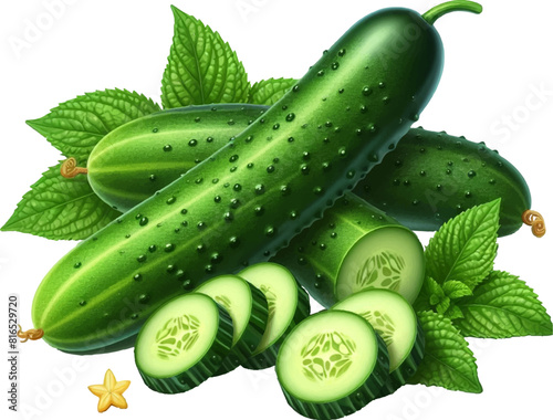 Fresh Cucumber and Sliced Cucumber Vector Illustration