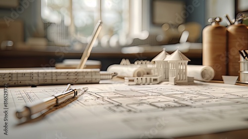 Architectural Designer's Blueprint: In an architectural office, a designer carefully drafts blueprints, meticulously planning every detail of a new building project 