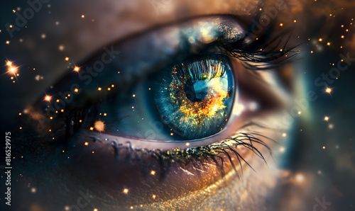 An extreme closeup eye with a blend of universe | High Quality