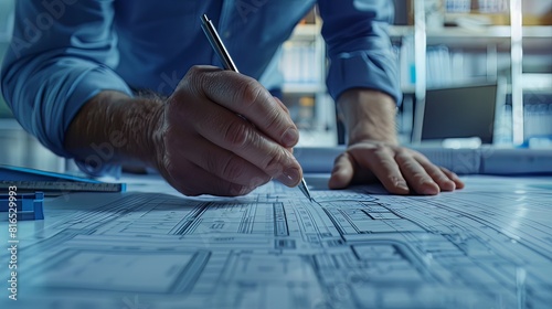 Architectural Designer's Blueprint: In an architectural office, a designer carefully drafts blueprints, meticulously planning every detail of a new building project  photo