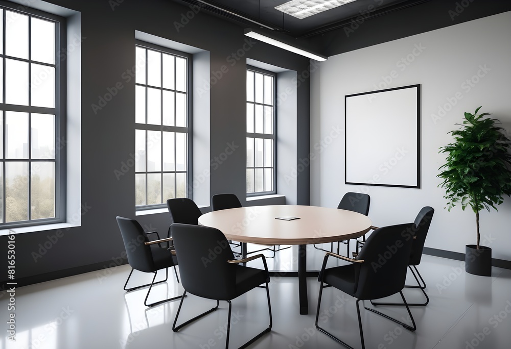 Office meeting room interior with chairs and table, open space, Mockup wall, and window. Office meeting room interior with chairs and table, open space, Mockup wall, and window.