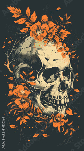 A skull with orange flowers and leaves surrounding it. Scene is eerie and mysterious