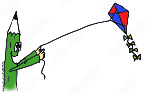 Drawn pencil figure flying a colorful kite