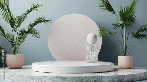 podium stand green natural backgrounds, netural for show ,Marble podium ,Product presentation, mock up, show cosmetic product, Abstract white platform showcase for product display with ivy 3d render

 photo