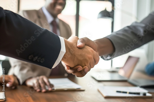 Two men shaking hands in a business meeting. Scene is professional and formal. The handshake symbolizes agreement and trust between the two men