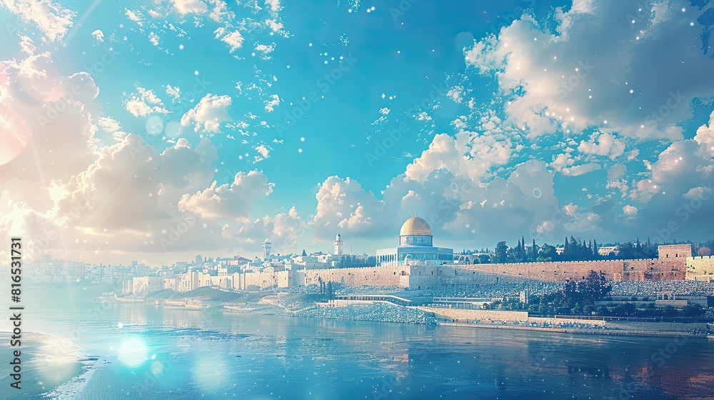 Obraz premium banner background of Israel Independence Day theme banner design for microstock, no text, and wide copy space, [A group of diverse people holding Israeli flags and smiling, representing unity