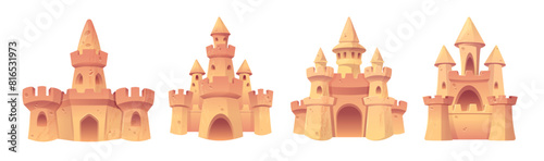 Cartoon sandcastle with tower, gate and window for summer beach vacation and children play concept. Vector illustration set of palace sculpture made of yellow shore sand. Summertime activity elements. photo