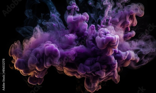 Generative AI illustration of abstract purple and violet fluffy pastel ink smoke cloud against black background