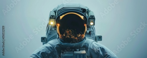 unrecognizable astronaut in protective Extravehicular Mobility Unit with backpack and reflecting helmet photo