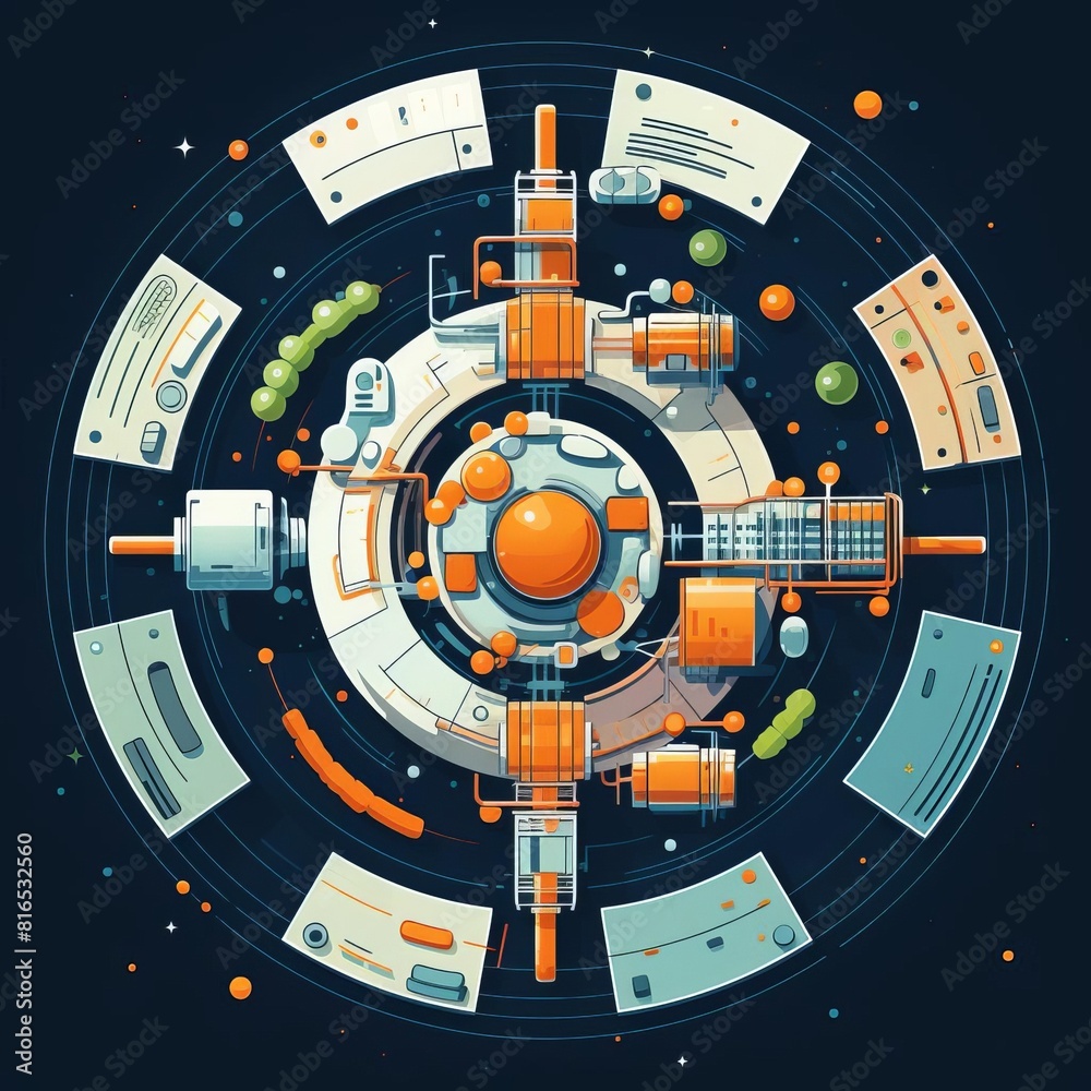 Naklejka premium Space station flat design top view outer space theme cartoon drawing complementary color scheme