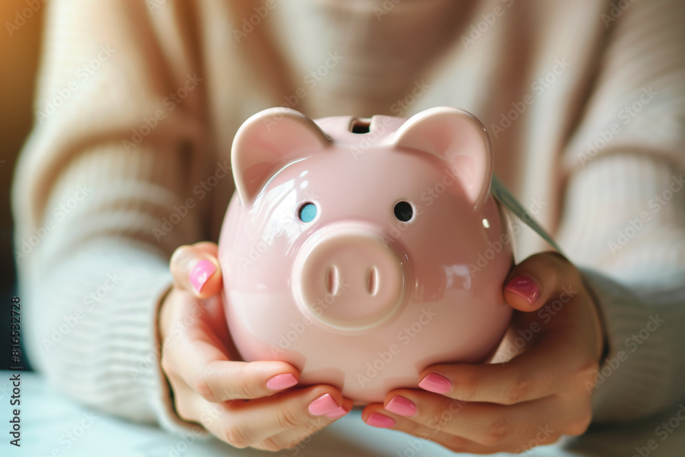 A woman is holding a pink piggy bank. The piggy bank is pink and has a smiley face on it A woman is holding a pink piggy bank. The piggy bank is pink and has a smiley face on it