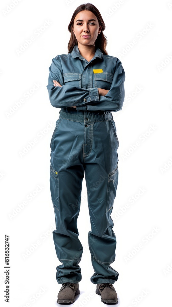 Young woman stands confidently wearing a professional mechanics uniform, cut out Young woman stands confidently wearing a professional mechanics uniform, cut out