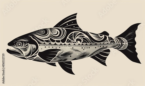 Polynesian art with intricate details of a salmon fish. Ideal for a tattoo design.