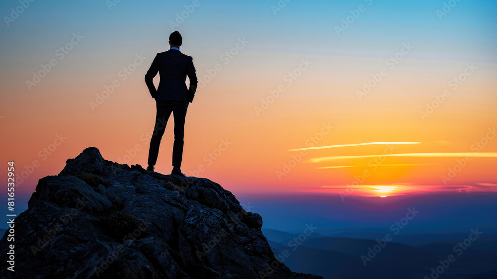Silhouette of a man in business attire observing the horizon from a high mountain peak at sunset