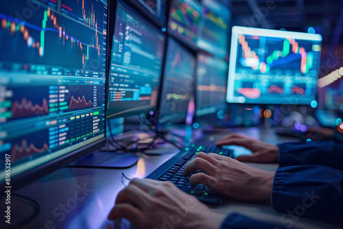 A man is sitting in front of a computer monitor with multiple screens displaying financial data. He is typing on a keyboard, possibly working on a financial report or analyzing market trends