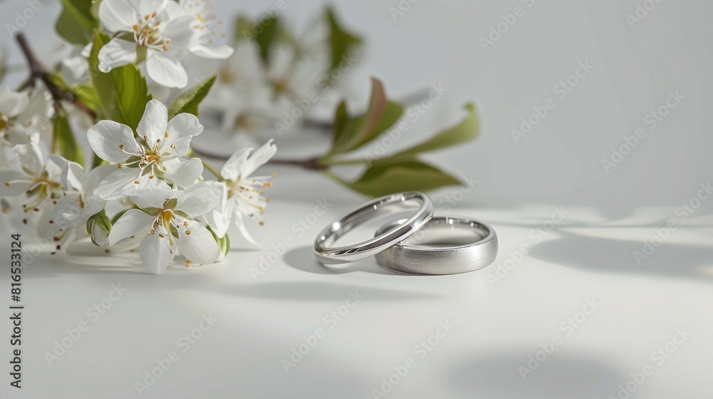 2 rings on a white flower on the left side of a blank white background, for wedding card design or invitation template 2 rings on a white flower on the left side of a blank white background, for wedding card design or invitation template