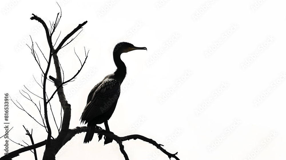 Fototapeta premium Silhouette of great cormorant bird standing on leafless tree branch and looking away against white background : Generative AI