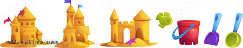 Sandcastle with tower and gate decorated with flag and starfish, children plastic toys for summer beach vacation - bucket and fish, rake and shovel. Cartoon vector illustration set of sand palace.