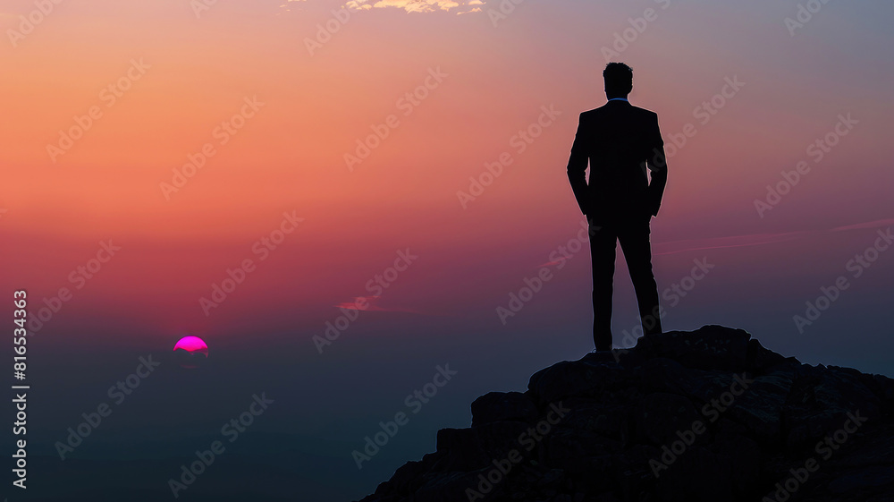 Silhouette of a man in business attire observing the horizon from a high mountain peak at sunset Silhouette of a man in business attire observing the horizon from a high mountain peak at sunset