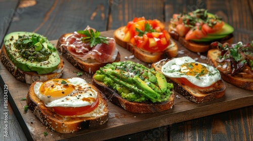 Variety of Appetizing Avocado Toast Displayed on Rustic Wooden Boards