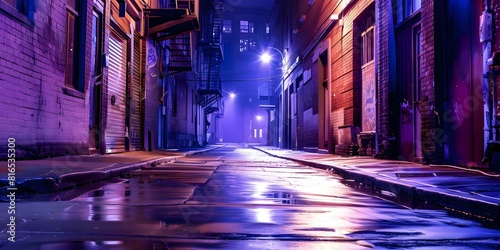 Nighttime urban alleyway with atmospheric lighting damp streets and weathered architecture. Concept Urban Photography, Nighttime Shoot, Atmospheric Lighting, Damp Streets, Weathered Architecture photo