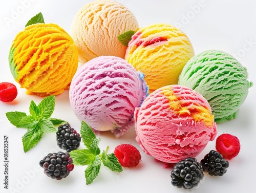 colorful ice cream balls on white background