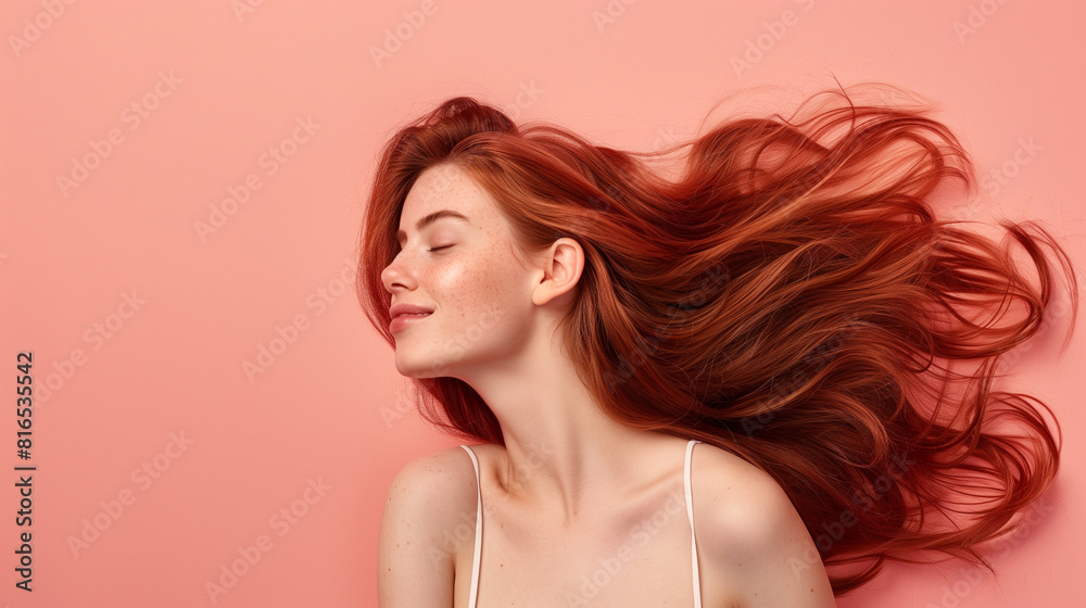 A photograph of a woman with vibrant, healthy-looking hair after using the new shampoo, with space for text above her emphasizing its ability to add shine and manageability, self-c