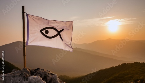 Ichthys, The Symbol Of Christianity. Christian Fish on Flag, the Symbol of First Church.  photo