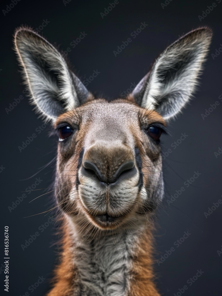 Funny portrait of a kangaroo taken in the studio on a dark background. Amazing animal Funny portrait of a kangaroo taken in the studio on a dark background. Amazing animal