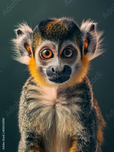 Funny portrait of a monkey taken in the studio on a dark background. Amazing animal