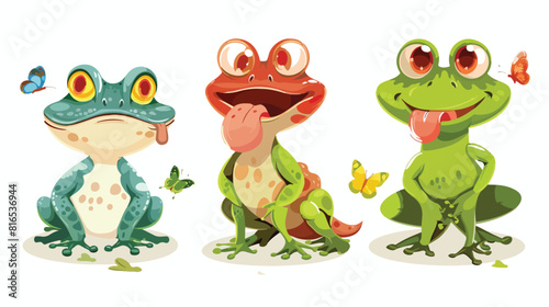 Four of cartoon hungry frog sad smile resting 