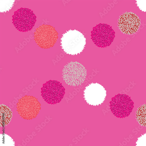 Vector seamless pattern on pink background, white, red, orange and purple polka dots, pompoms in a hanging garland texture abstract background perfect for wrap paper or baby shower for girl or unisex.