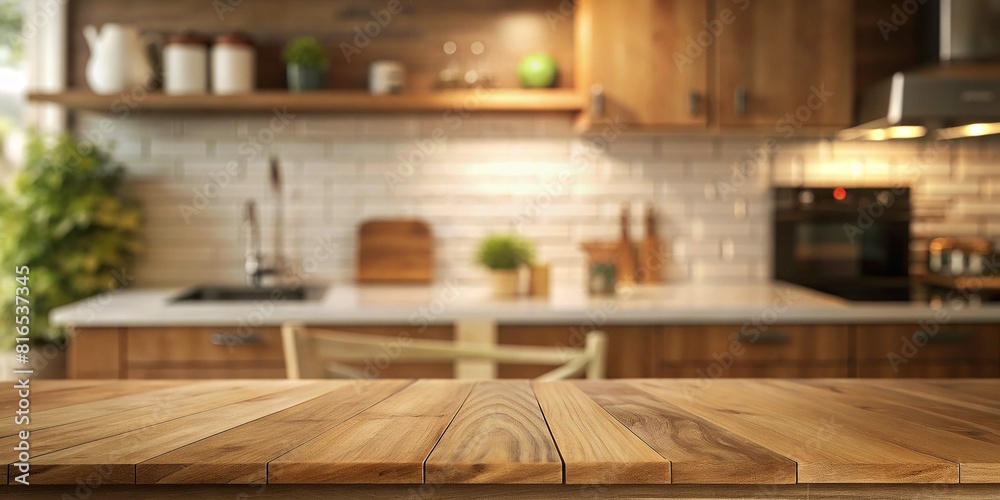 The wood table top is on a blurred kitchen background. can be used mock-up for a montage product display or design layout.