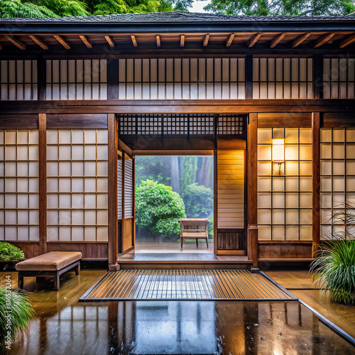 A traditional Japanese house with sliding doors, embracing the beauty of a rainy day