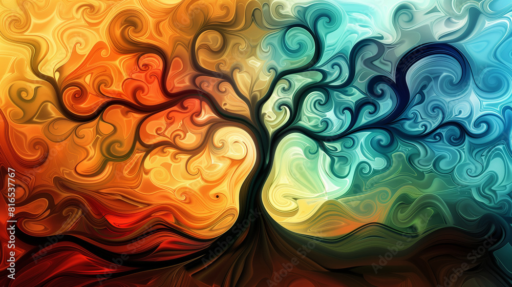 An abstract depiction of a tree with swirling branches and vibrant colors, reminiscent of a kaleidoscope, creating a dynamic and mesmerizing background, Background, abstract