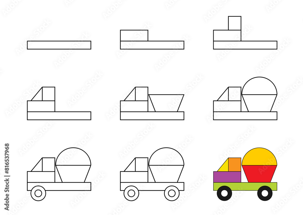 Worksheet easy guide to drawing cartoon truck. Simple step-by-step drawing tutorial for kids. Worksheet easy guide to drawing cartoon truck. Simple step-by-step drawing tutorial for kids.