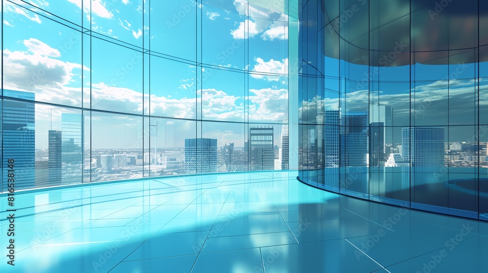 Panoramic view of a modern city with skyscrapers made of glass and steel from the inside of an office building. Panoramic view of a modern city with skyscrapers made of glass and steel from the inside of an office building.