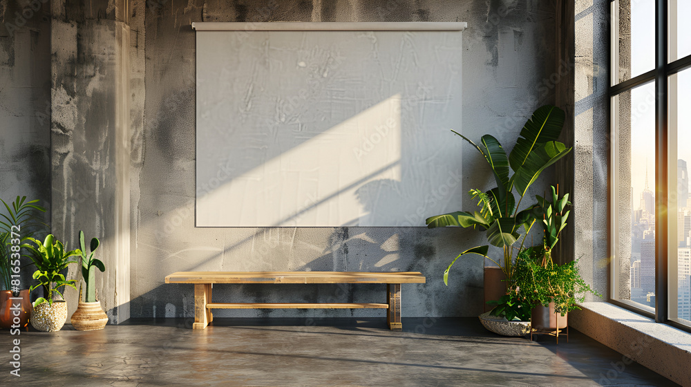 Modern interior with blank white mock up banners on concrete wall, decorative plants, wooden bench and window with city view and sunlight. 3D Rendering. Modern interior with blank white mock up banners on concrete wall, decorative plants, wooden bench and window with city view and sunlight. 3D Rendering.