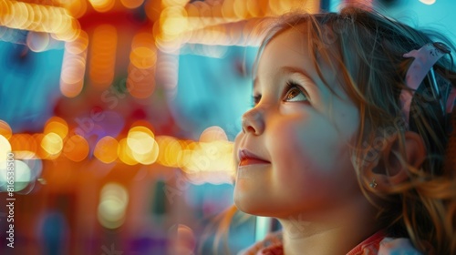 A smiling little girl gazes up at the ferris wheel with wonder, her nose twitching with excitement. Cheeks flushed with joy, eyelashes fluttering. The carnival is a fun event full of entertainment photo