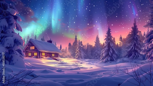 snow place with wooden house and aurora  photo