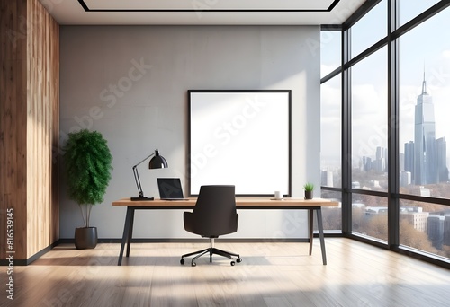 A modern office interior with a blank poster on the wall  interior poster wall  wood elements   and a city view through large windows. 3D Rendering
