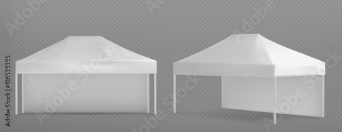 White event tent mockup. Marquee canopy stand. 3d isolated outdoor commercial exhibition pavilion. Festival awning for branding mock up. Advertising and promotional booth material side view set photo