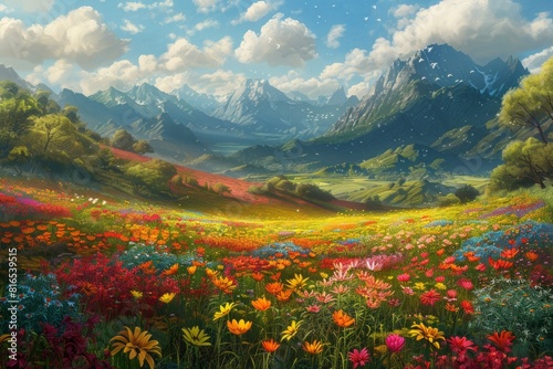 Diverse landscapes of the land of Oz, from the lush and colorful fields of flowers to the towering mountains and deep valleys. 
