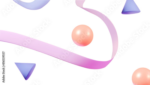 3D geometric shapes. Pink ribbon, orange sphere. Abstract vector design element. Curve ribbon and conus advertisement banner brochure template. Vector minimalism