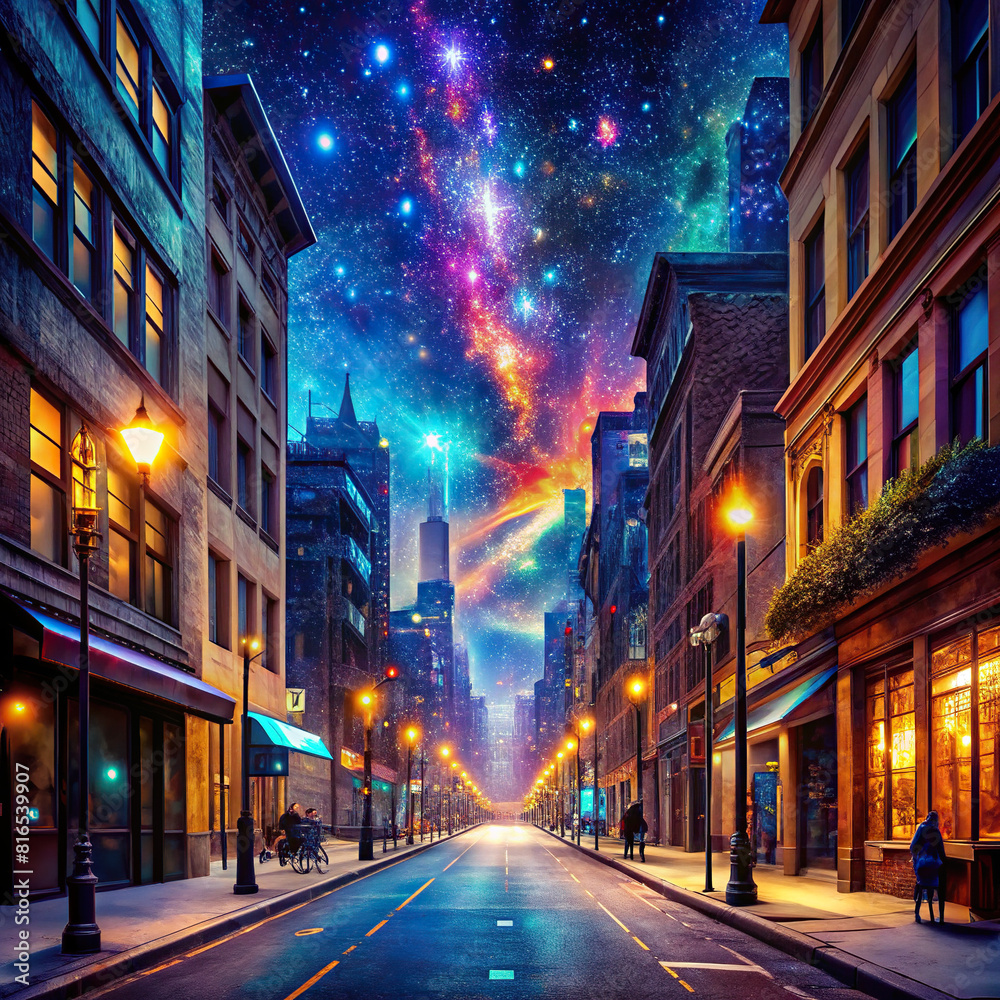 A city street illuminated by neon lights under a starry night sky, with a digital art twist, depicting urban vibrancy.