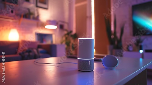A photo of a smart speaker sitting on a table in a living room