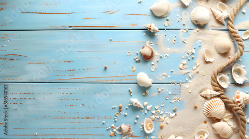 Summer background with sea sand, rope and seashells on blue wooden table top view. Vacation concept